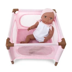 LullaBaby Combo dla lalki niemowlaka – krzesełko do karmienia, kojec i spacerówka, wersja różowa
