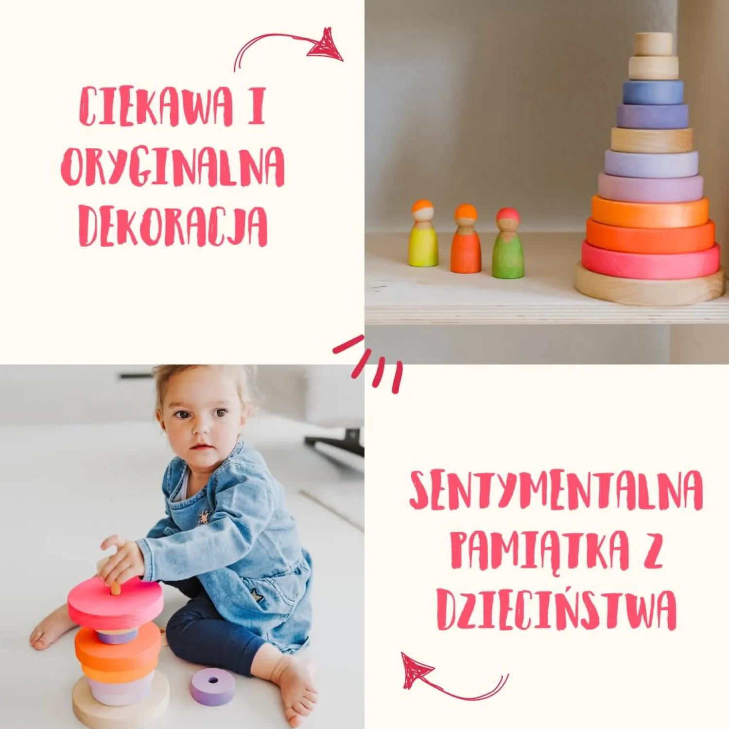 Grimm's Drewniana wieża 10 krążków - Neon Pink