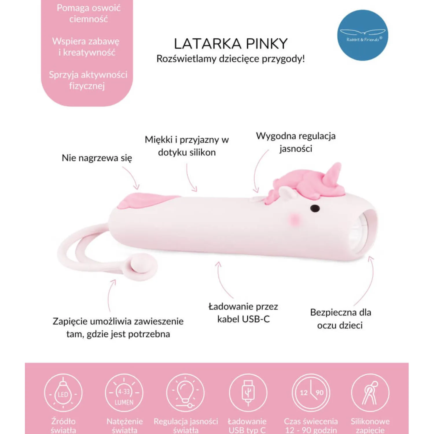 Rabbit&Friends Latarka Jednorożec PINKY