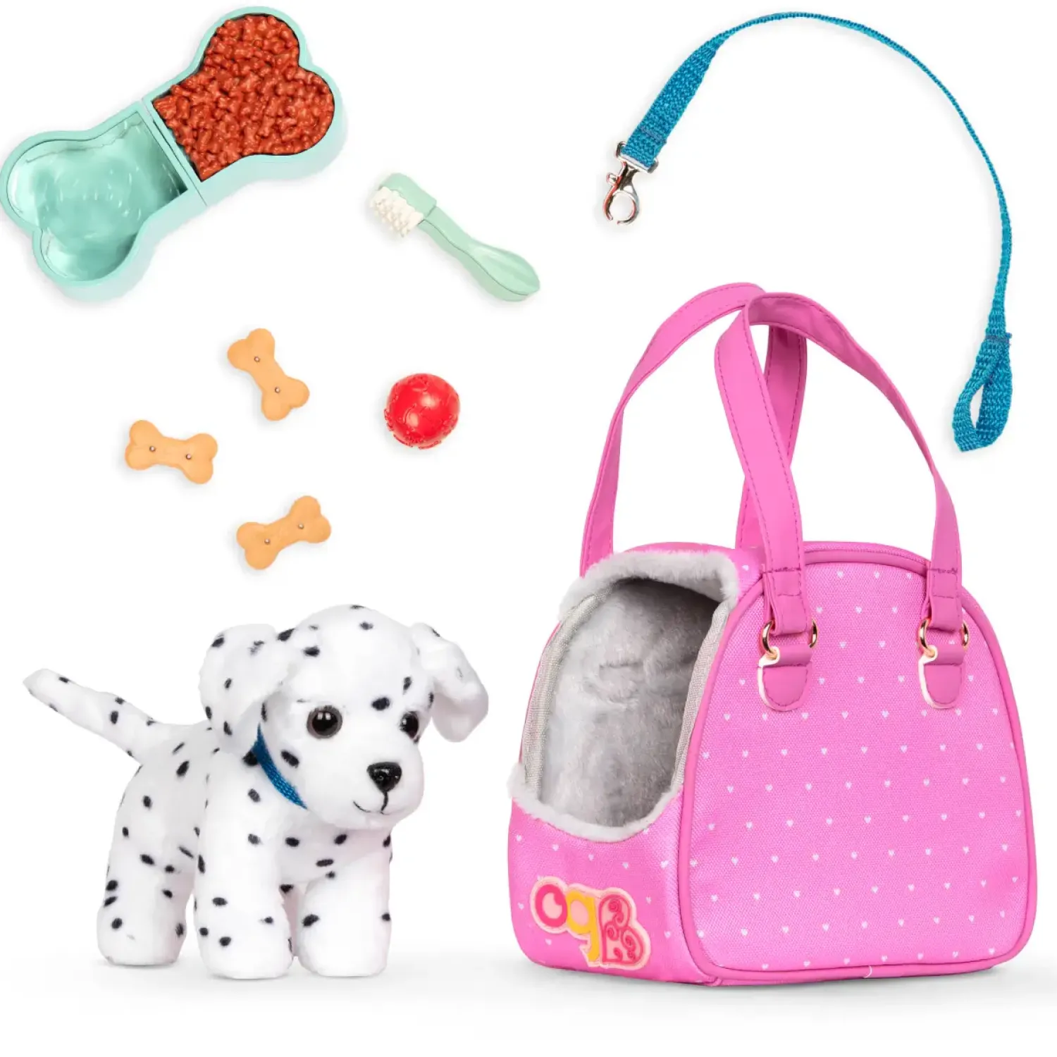 OurGeneration Piesek DALMATYŃCZYK w torebce – Hop in Dog Carrier