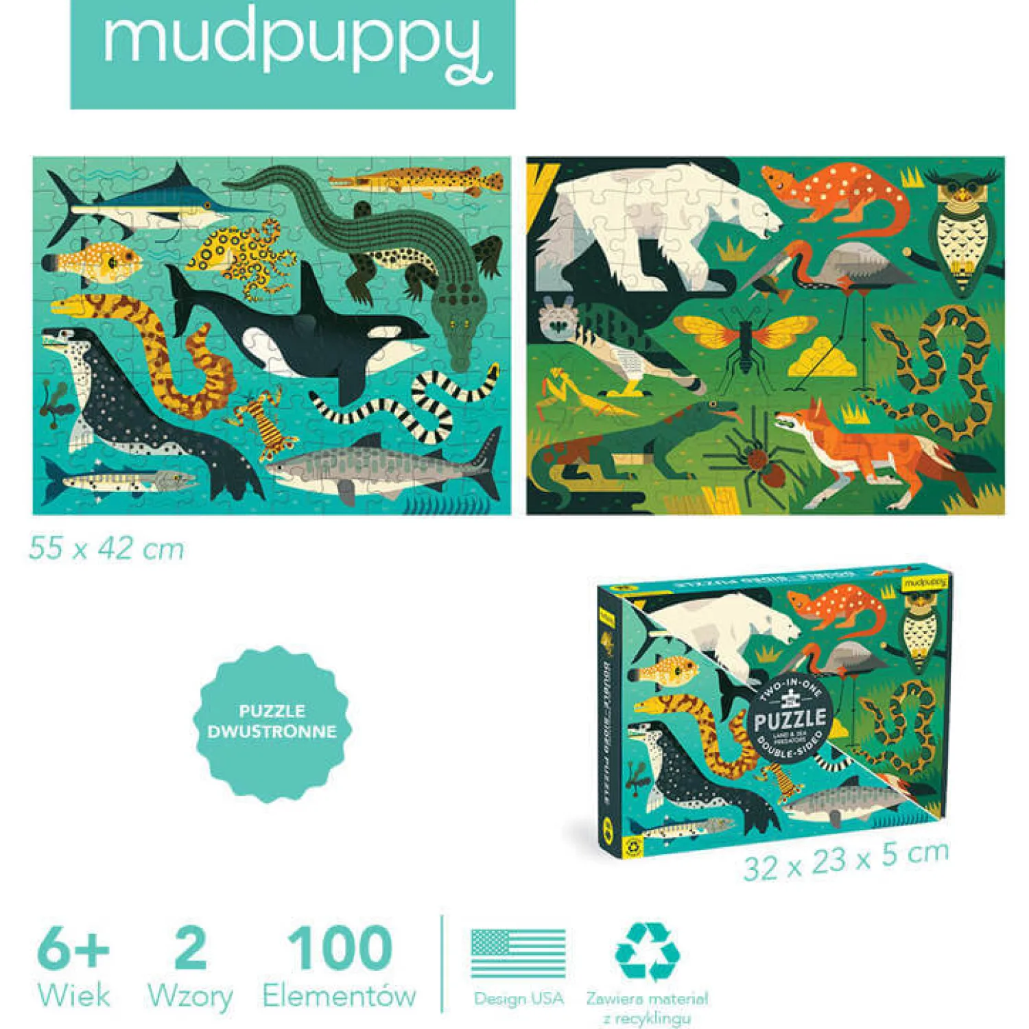 Mudpuppy Puzzle dwustronne Drapieżniki lądowe i wodne 100 elementów 6+