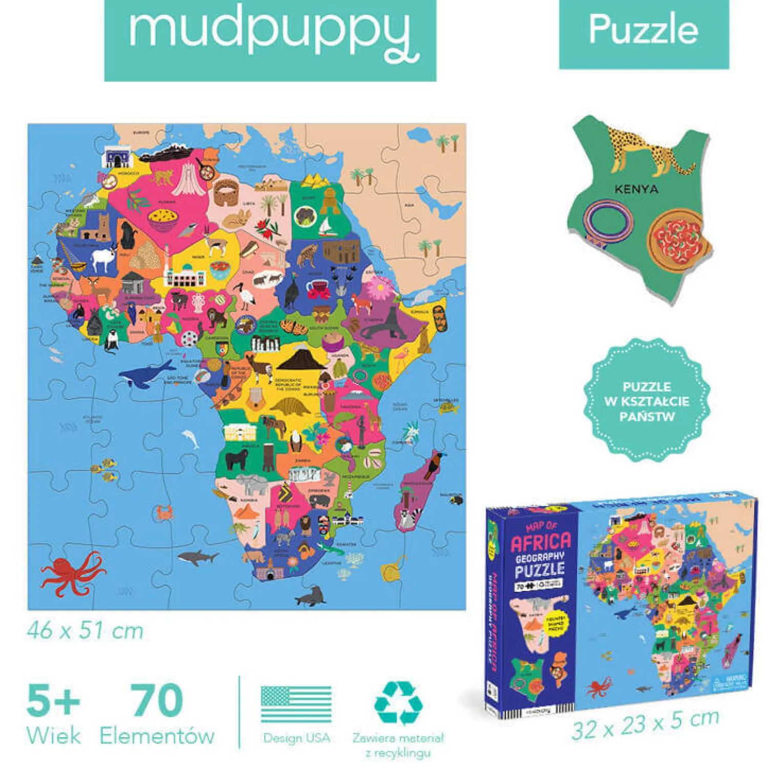 Mudpuppy Puzzle konturowe Mapa Afryki 70 elementów 5+