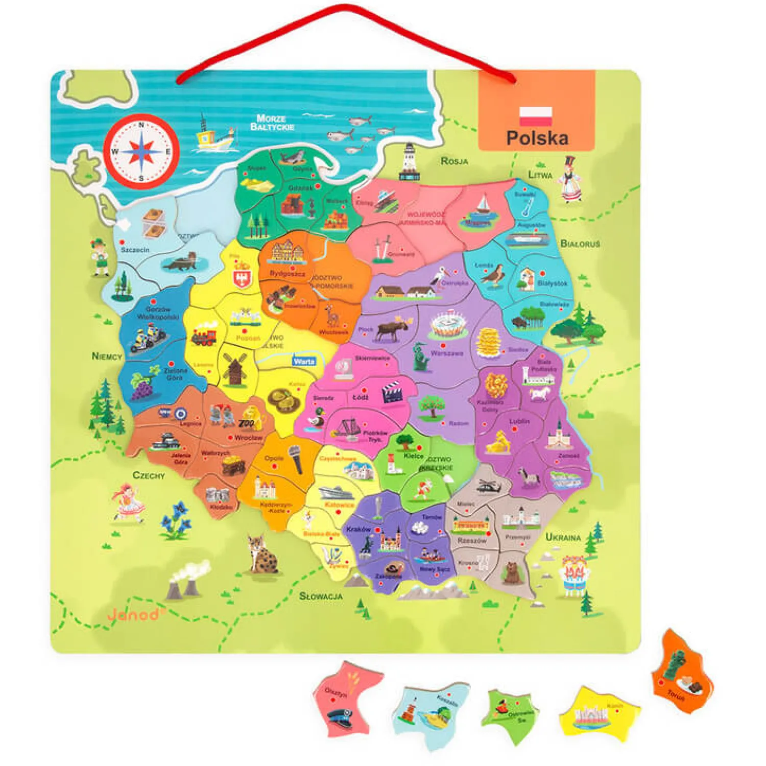 Janod Puzzle magnetyczne Mapa Polski 69 magnesów 7+