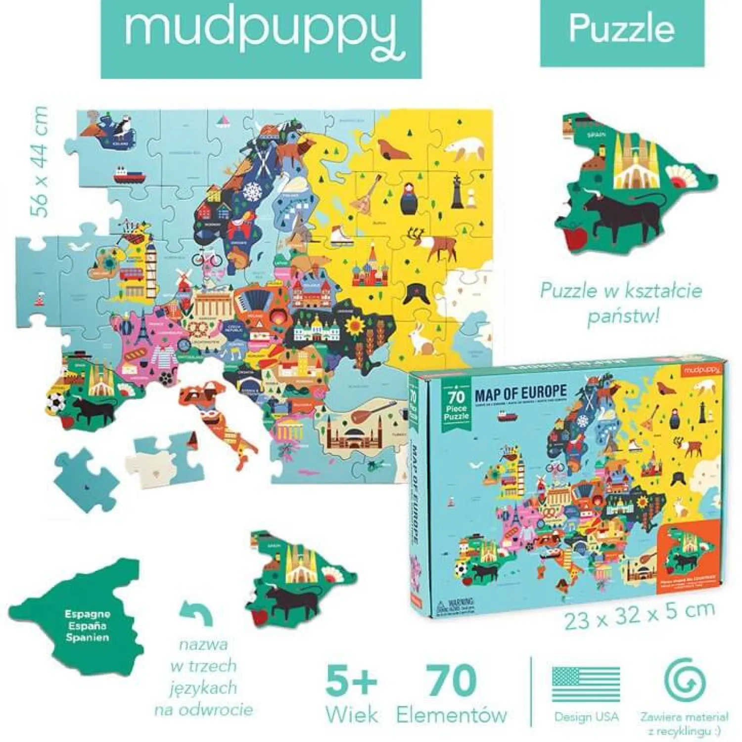 Mudpuppy Puzzle Mapa Europy z elementami w kształcie państw 5+
