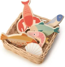 Tender Leaf Toys Wiklinowy koszyk z rybami i owocami morza